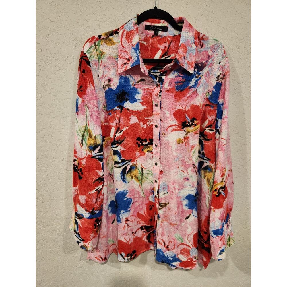 🌸 Calessa Women’s XL Button Down Blouse Floral Textured Crinkle Long Sleeve Top